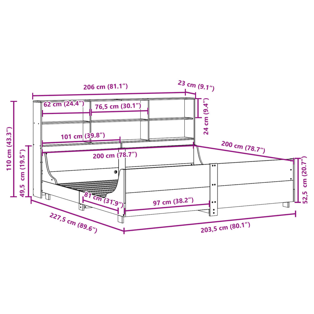 Krevet s regalom za knjige bez madraca 200x200 cm masivno drvo