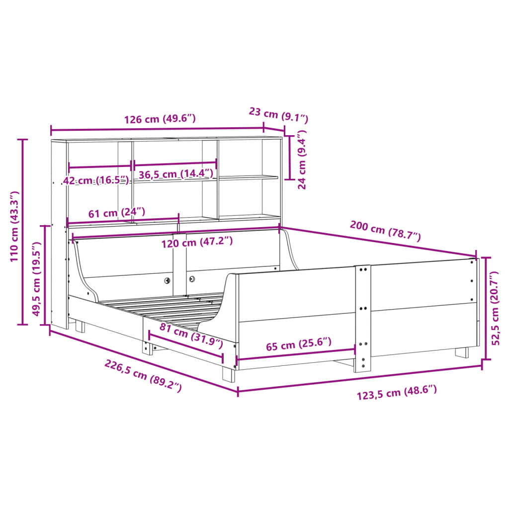 Krevet s regalom za knjige bez madraca 120x200 cm masivno drvo