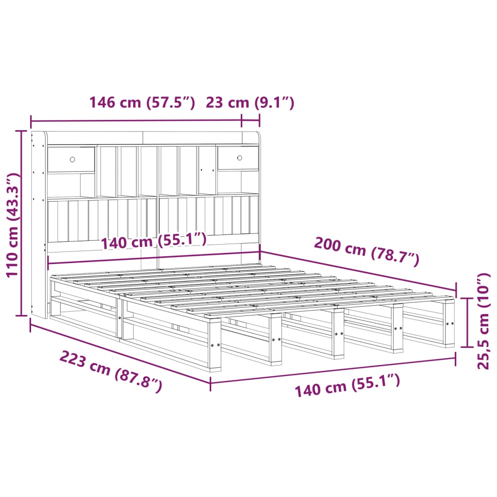 Krevet s regalom za knjige bez madraca 140x200 cm od borovine