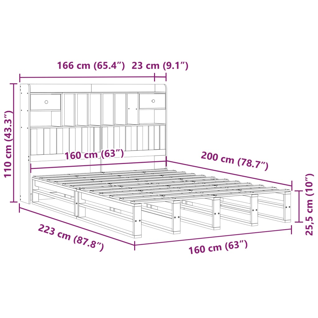 Krevet s regalom za knjige bez madraca 160x200 cm od borovine