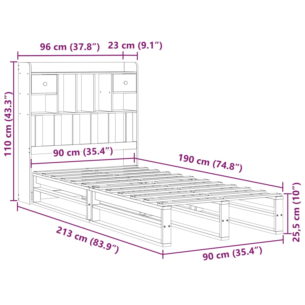 Krevet s regalom za knjige bez madraca 90x190 cm od borovine