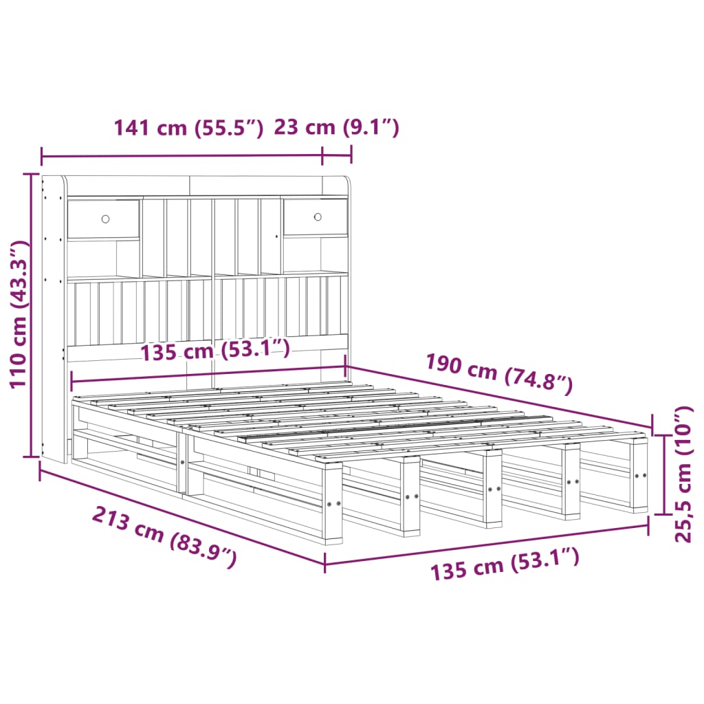 Krevet s regalom za knjige bez madraca 135 x 190 cm od borovine