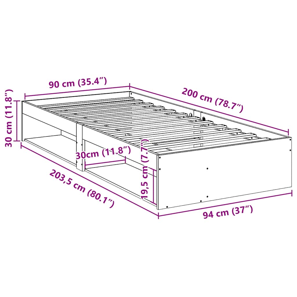 Dnevni krevet bez madraca 90 x 200 cm od masivne borovine