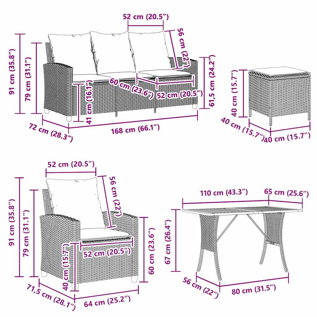 Vrtni set od 6 dijelova s jastucima, svijetlo sivi poli ratan