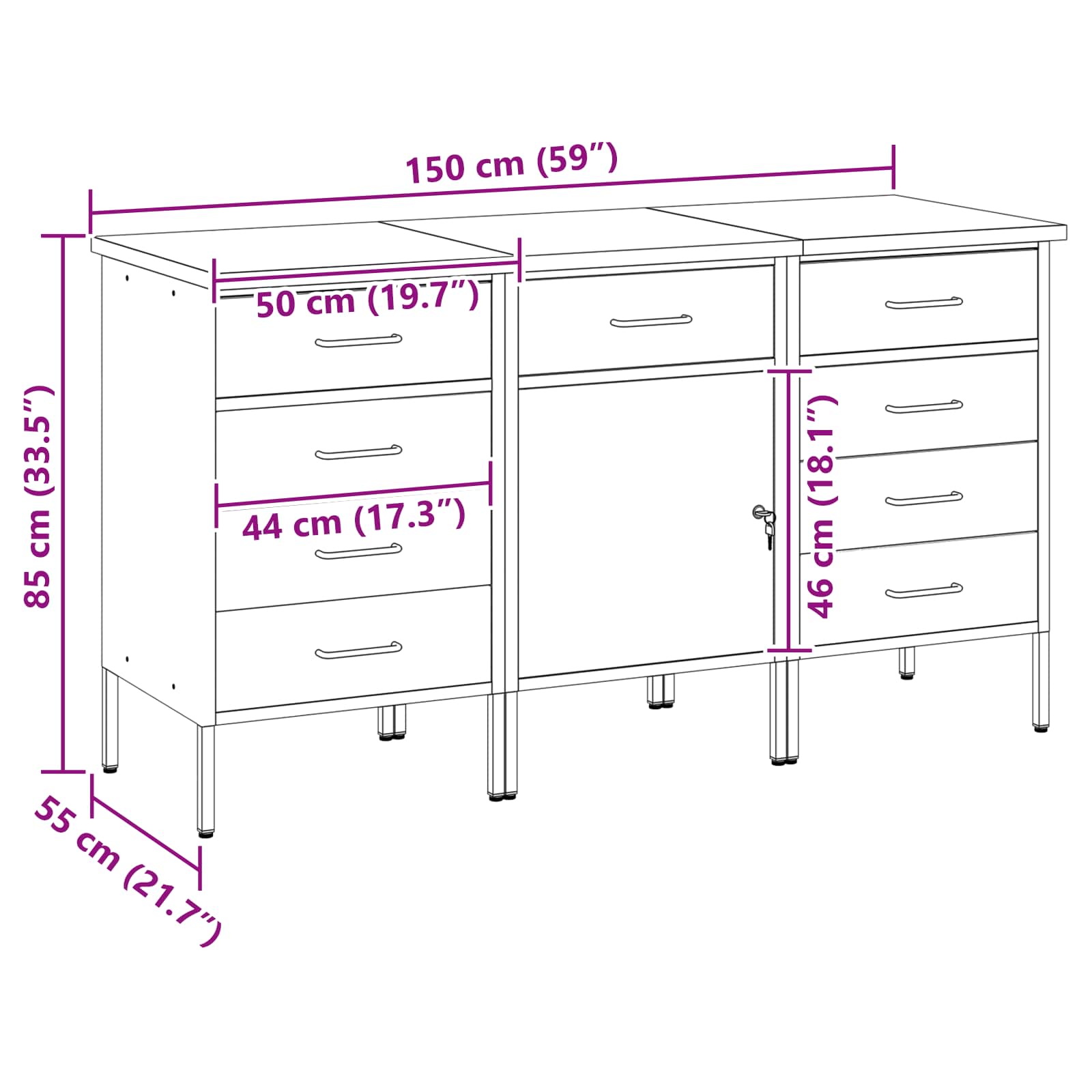 Radni ormar s ladicama 3 pcs Crna i Siva 150 x 55 x 85 cm