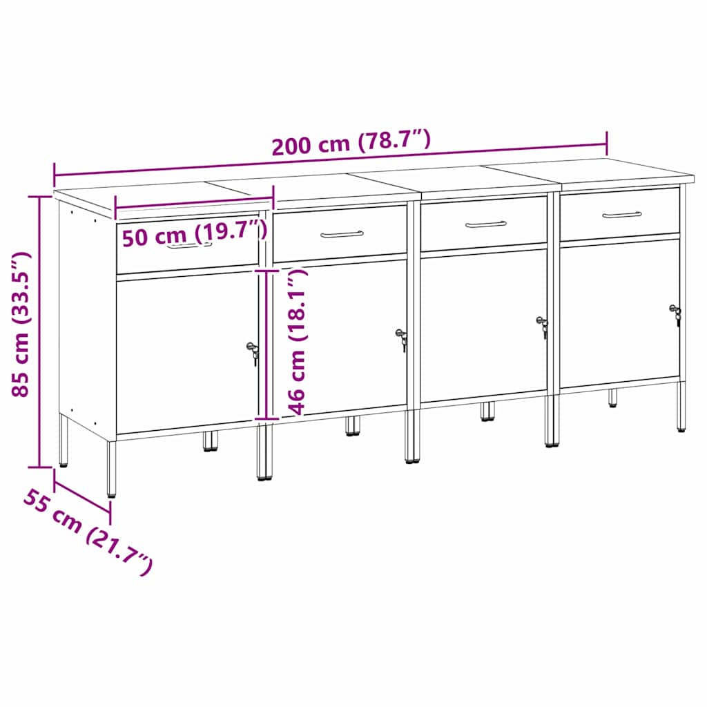 Radni ormar s ladicama 4 pcs Crna i Siva 200 x 55 x 85 cm