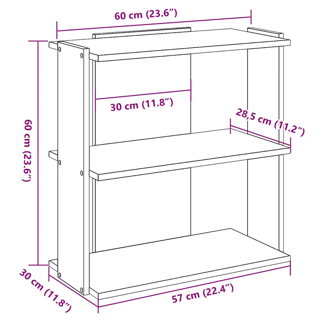 Regal za knjige s 3 razina boja hrasta 60x30x60 cm drveni