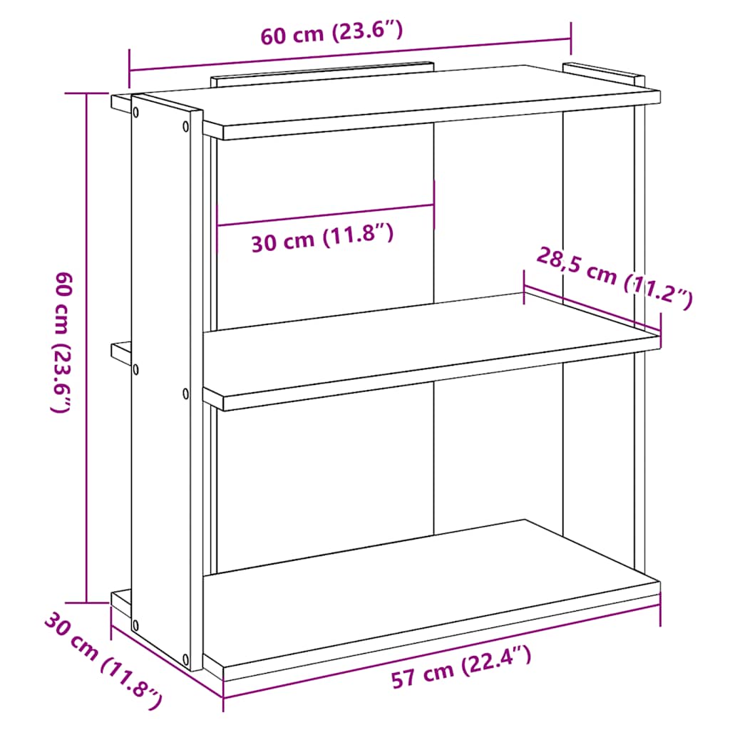 Regal za knjige s 3 razina boja hrasta 60x30x60 cm drveni