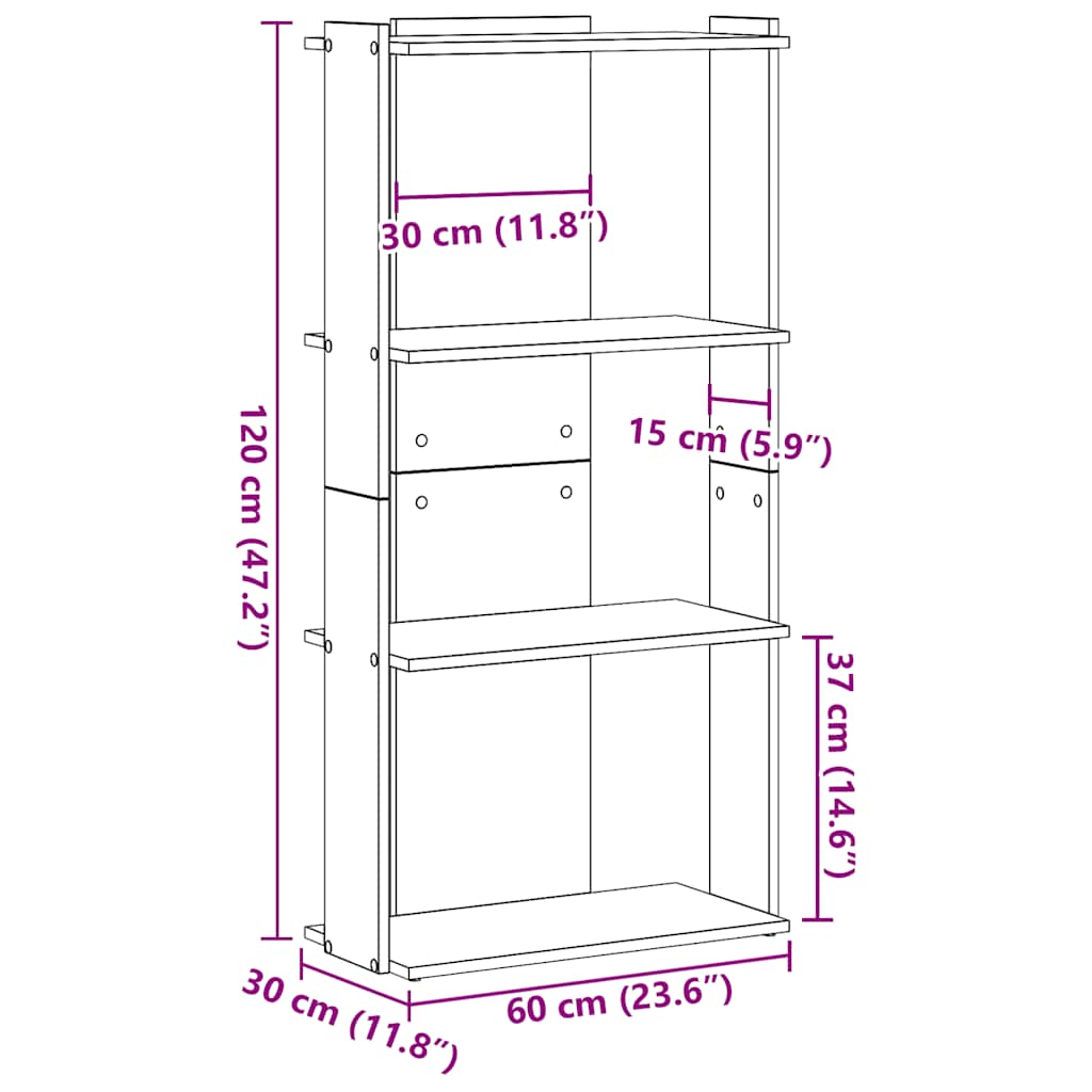 Regal za knjige s 3 razine boja hrasta 60 x 30 x 120 cm drveni