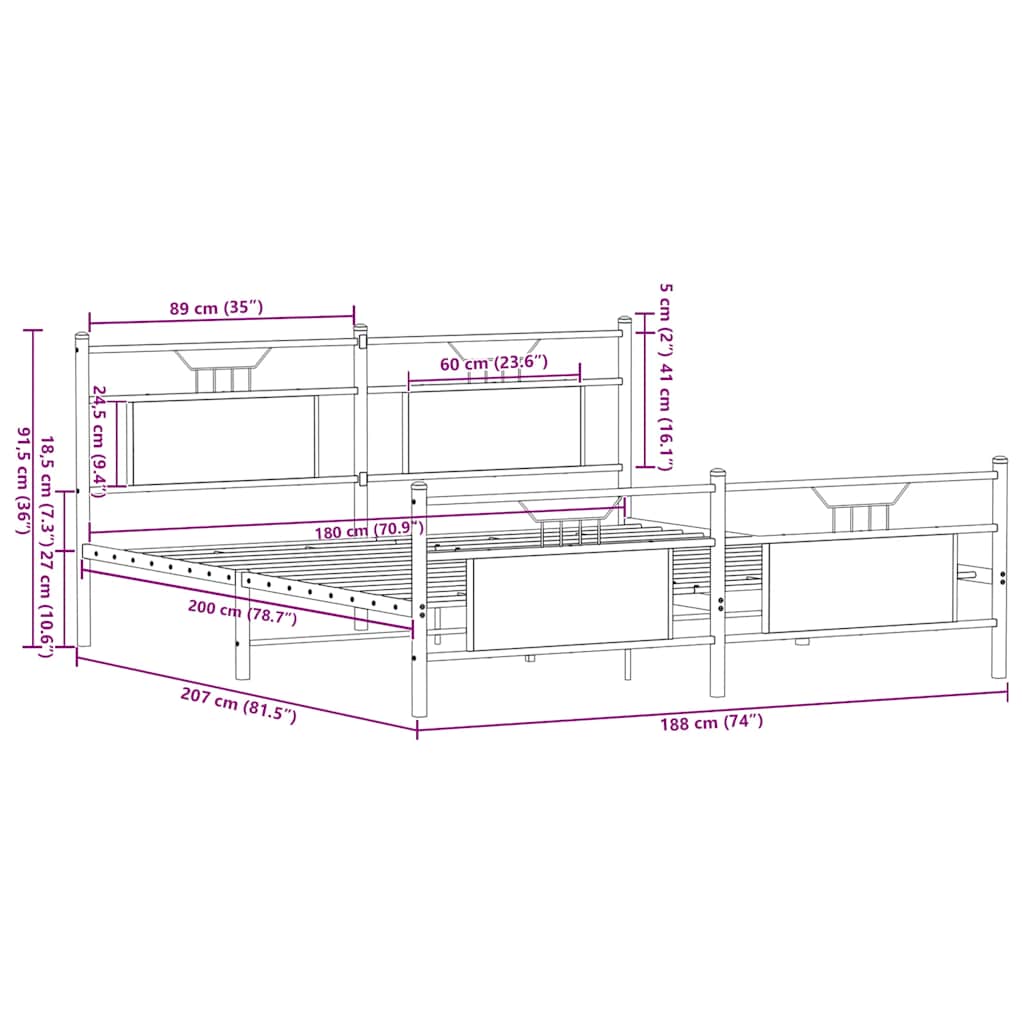 Metalni okvir kreveta bez madraca smeđa boja hrasta 180x200 cm