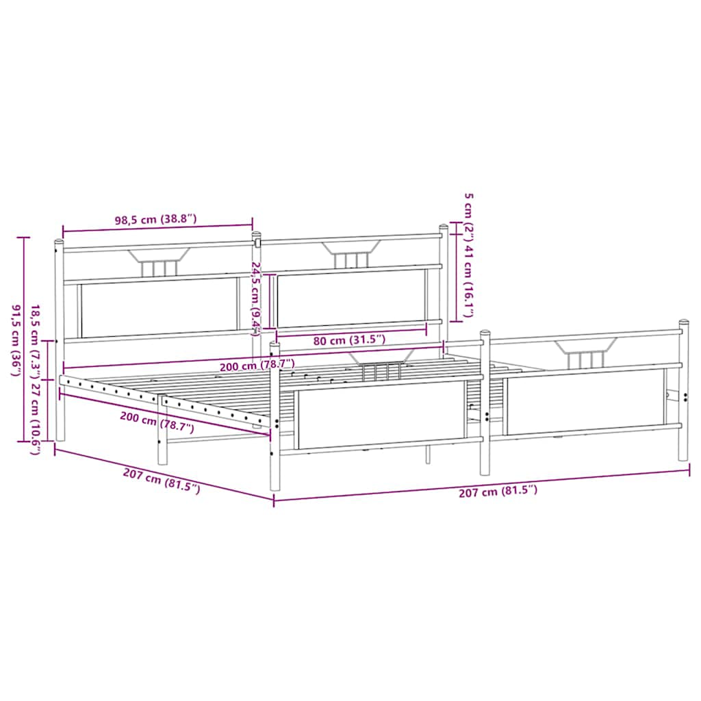 Metalni okvir kreveta bez madraca smeđa boja hrasta 200x200 cm