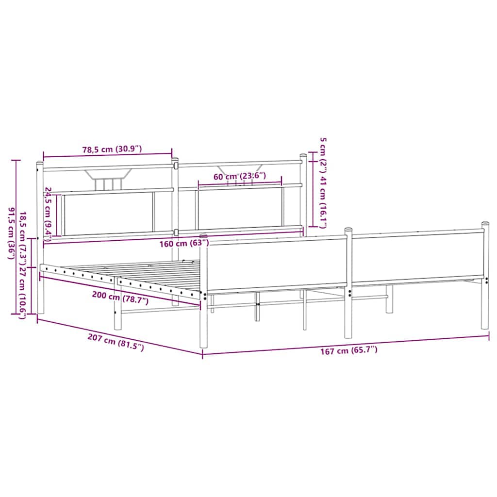 Metalni okvir kreveta bez madraca smeđa boja hrasta 160x200 cm