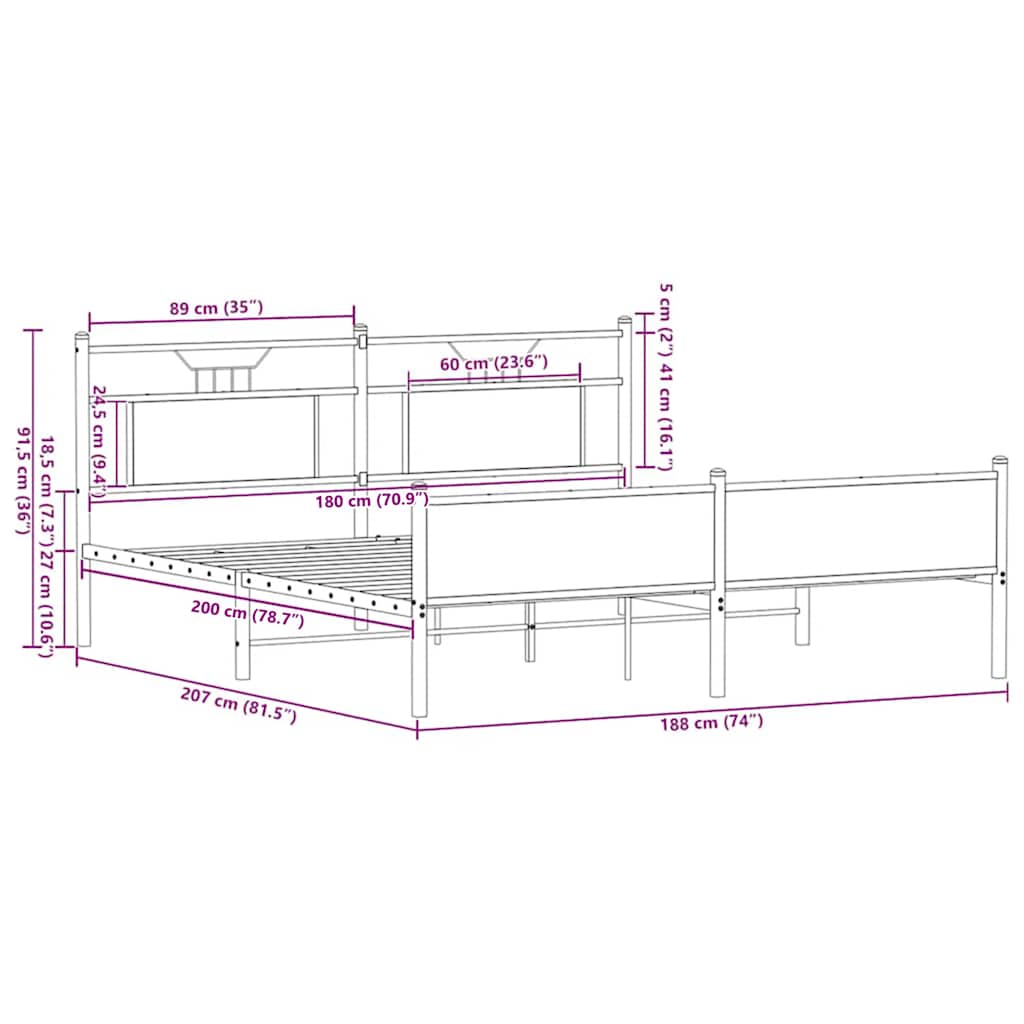 Metalni okvir kreveta bez madraca smeđa boja hrasta 180x200 cm
