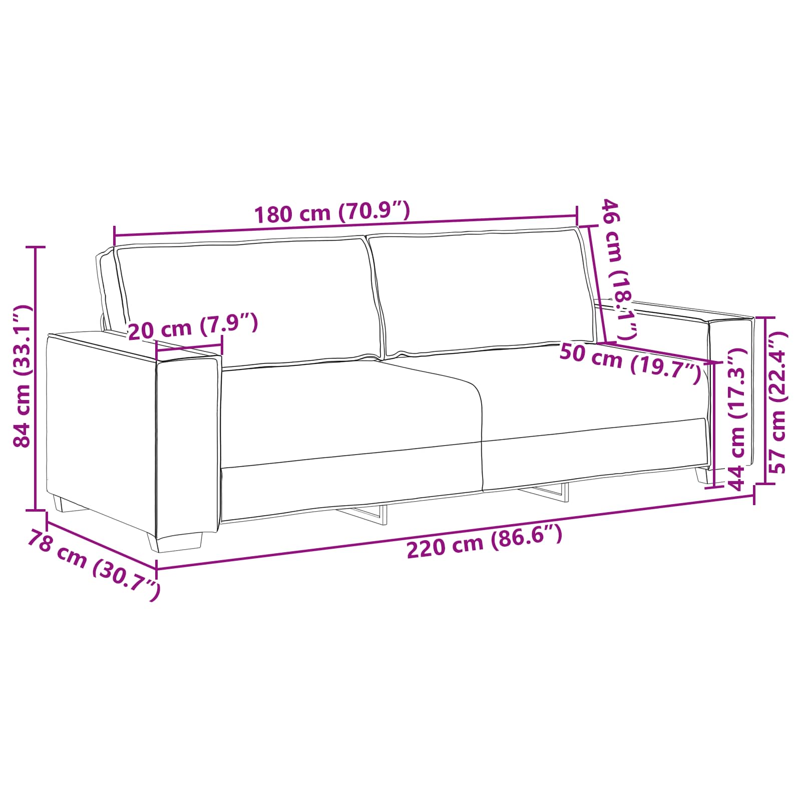Sofa 3 pcs Vinska crvena 220 x 80 x 84 cm Platnasta tkanina