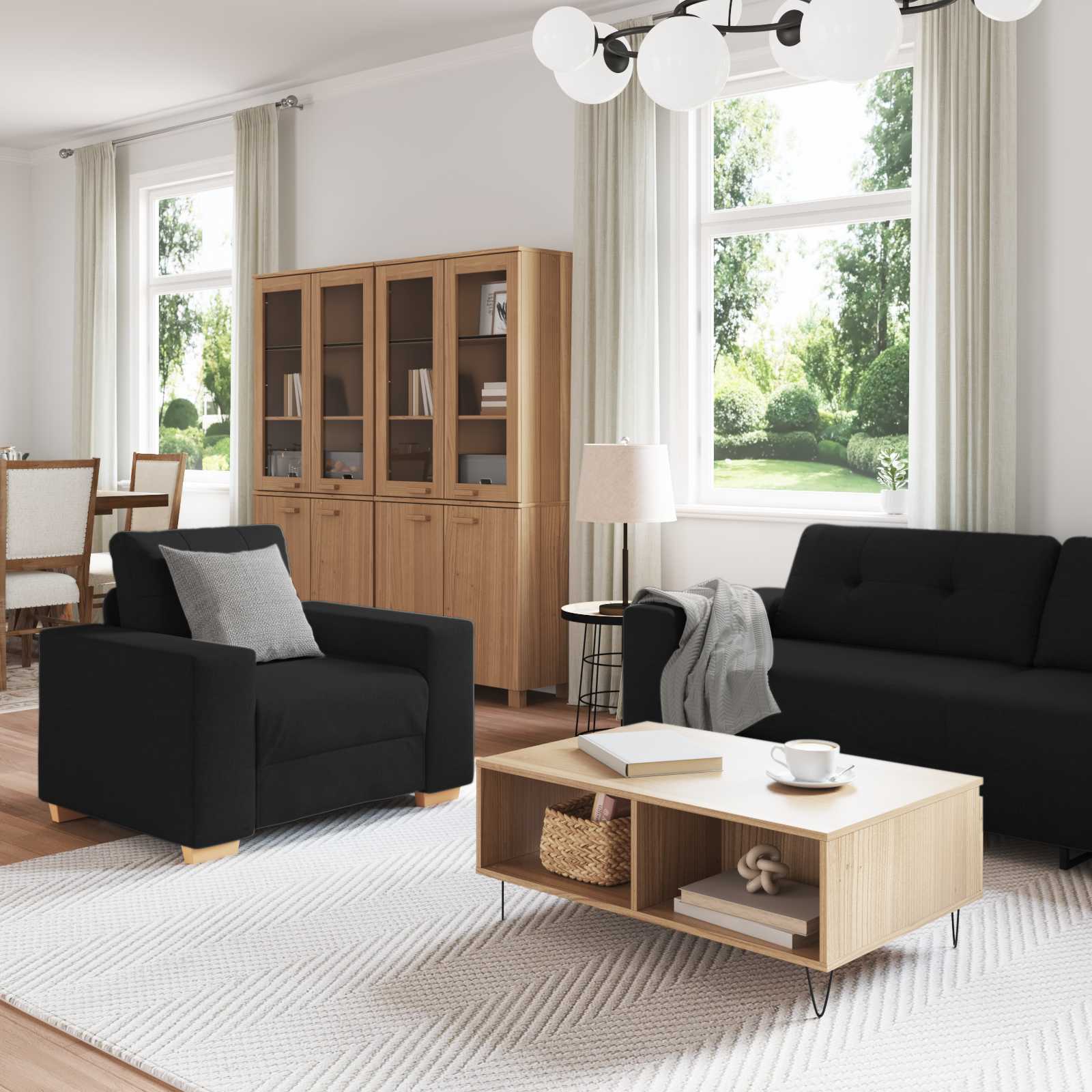 Sofa 3 pcs Crna 221 x 80 x 80 cm Platnasta tkanina