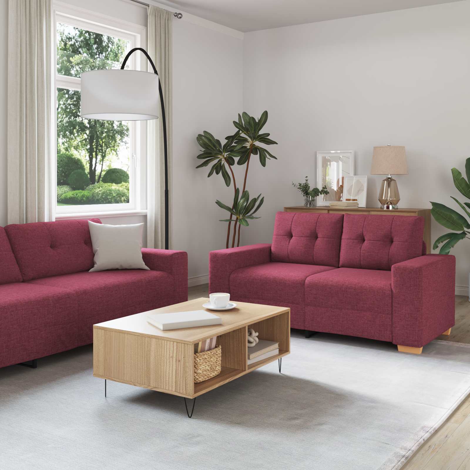 Sofa 3 pcs Vjetrovita Crvena 221 x 80 x 80 cm Platnasta tkanina