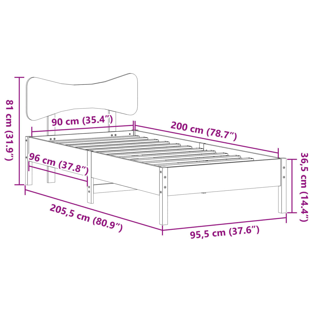 Okvir kreveta bez madraca bijeli 90 x 200 cm masivna borovina