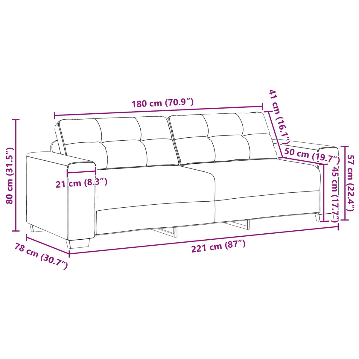 Sofa za 3 osobe Smeđa 220 cm Umetnička suknja koža