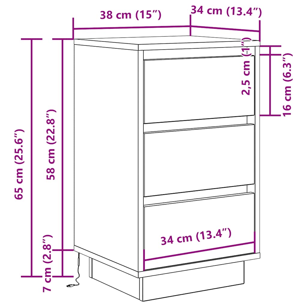 Noćni ormarić s LED svjetlima boja drva 38x34x65 cm