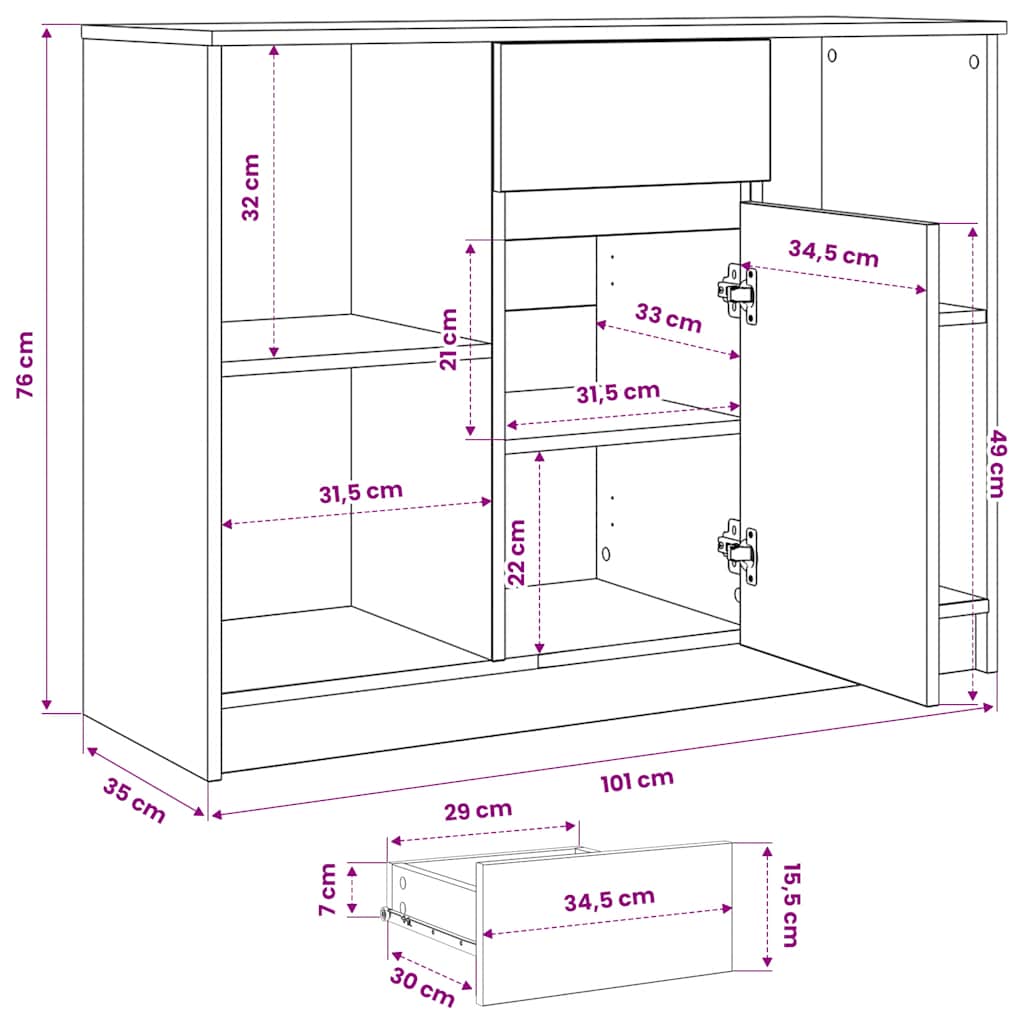 Komoda s ladicama crni hrast 101x35x76 cm konstruirano drvo