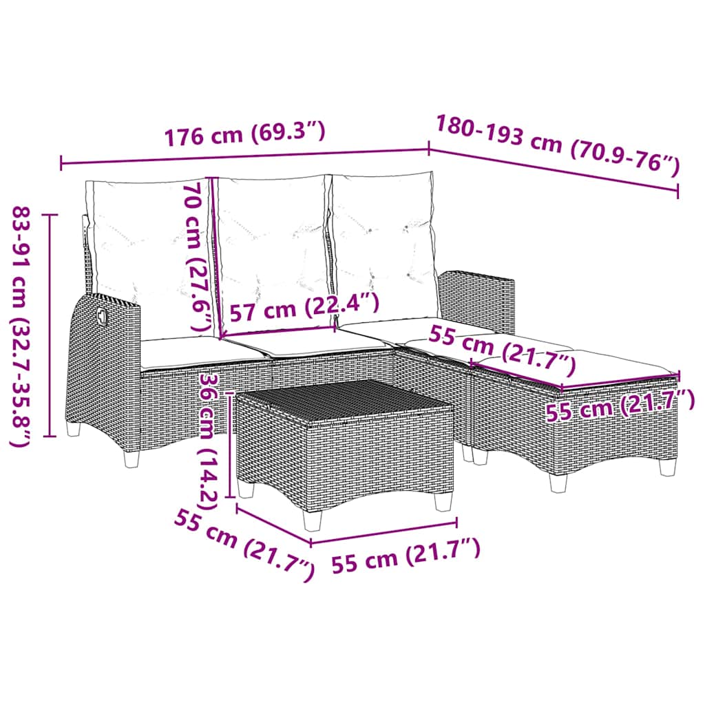 3-dijelna vrtna garnitura od poliratana s jastucima siva L
