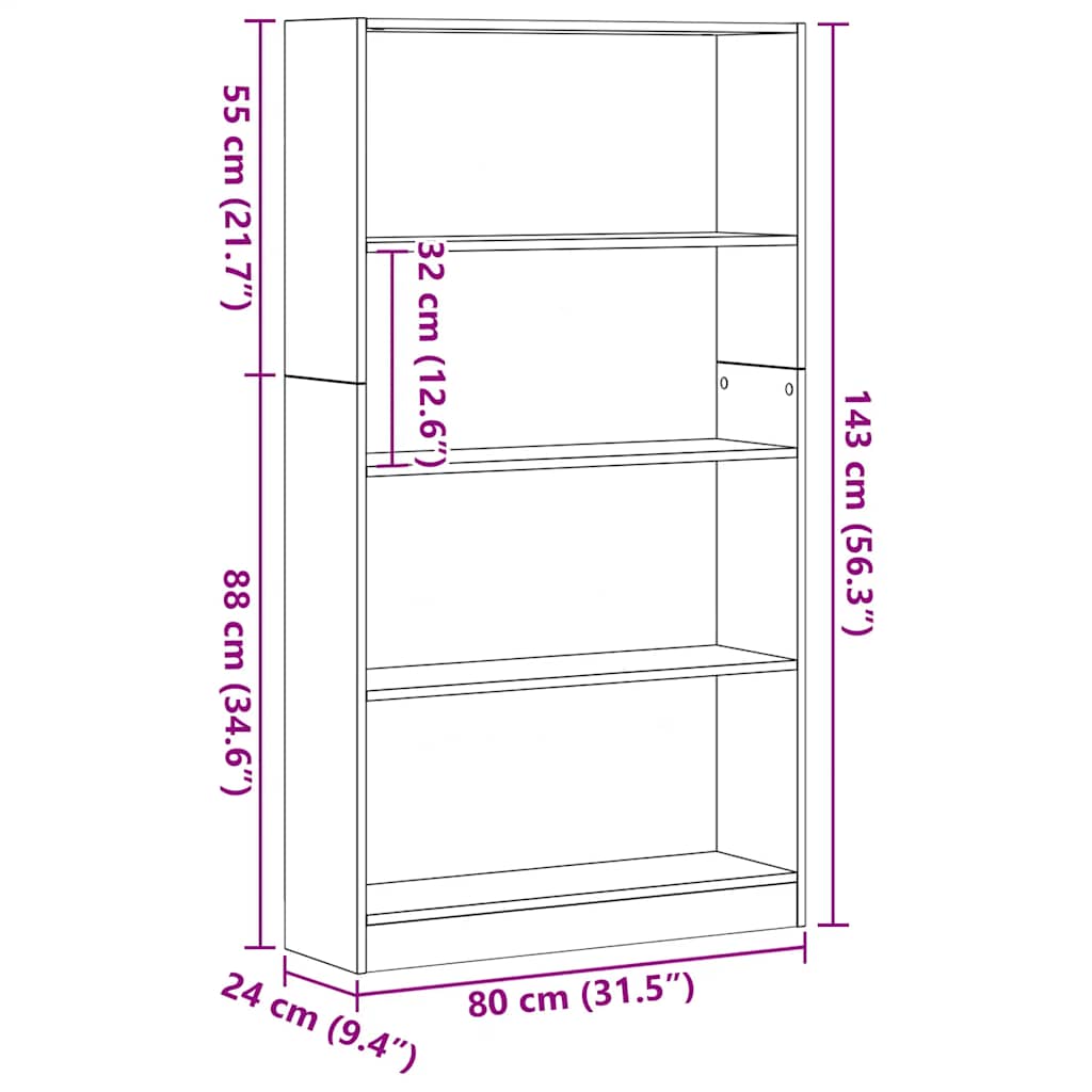 Polica za knjige s 4 etaže crni hrast 80x24x143 cm inženjerski drvo