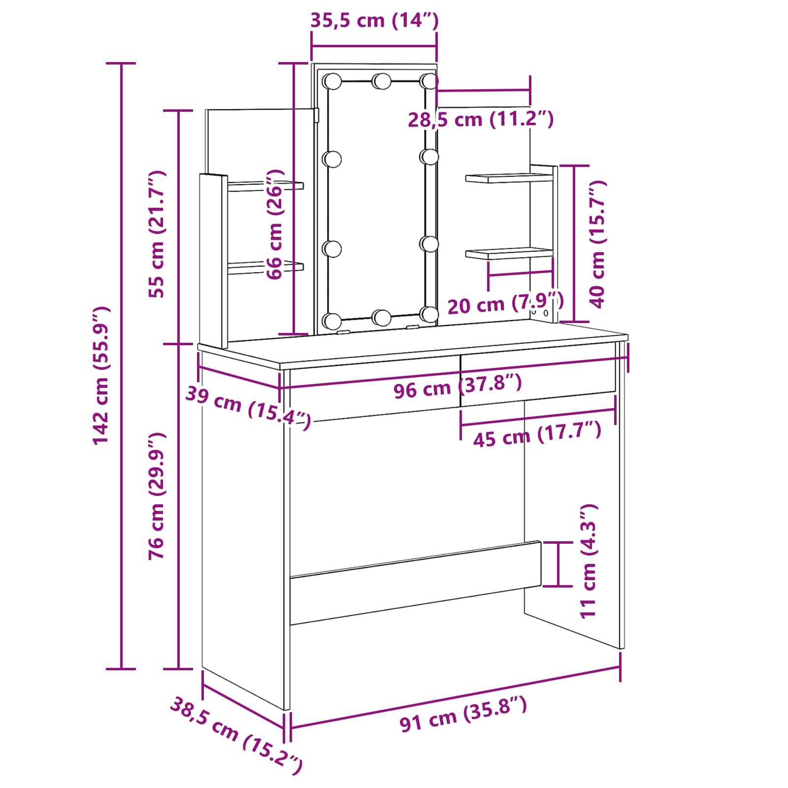 Toaletni stol Crni hrast 96 x 39 x 142 cm Konstruirano drvo