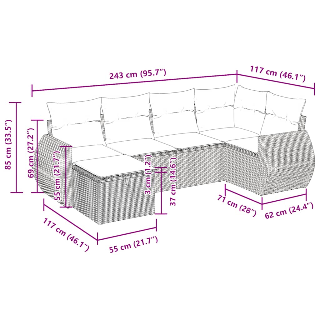 6-dijelni set vrtnih sofa od poliratana s jastucima smeđi