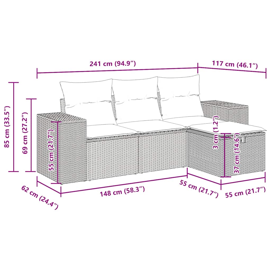 4-dijelni set vrtnih sofa od poliratana s jastucima crni