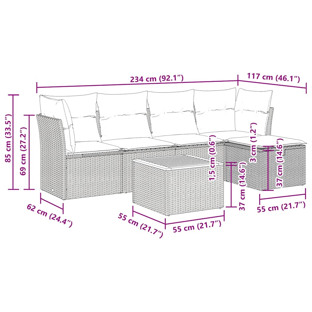 6-dijelni set vrtnih sofa s jastucima crni od poliratana