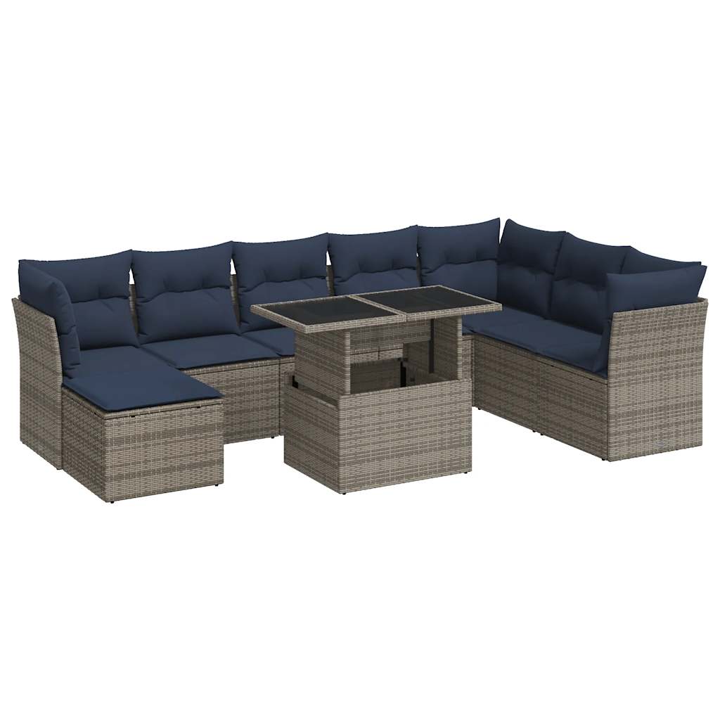 9-dijelni set vrtnih sofa poliratan i bagrem s jastucima sivi