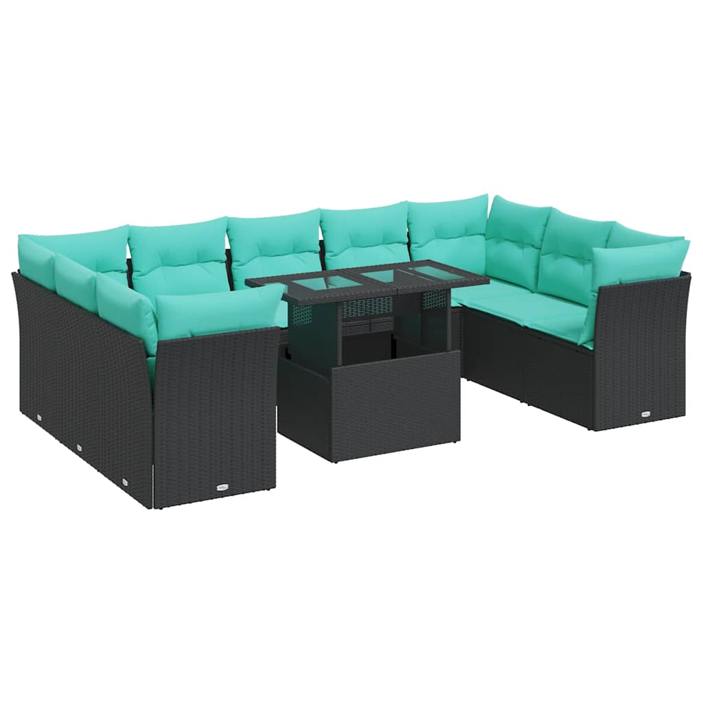 10-dijelni set vrtnih sofa poliratan i bagrem s jastucima crni