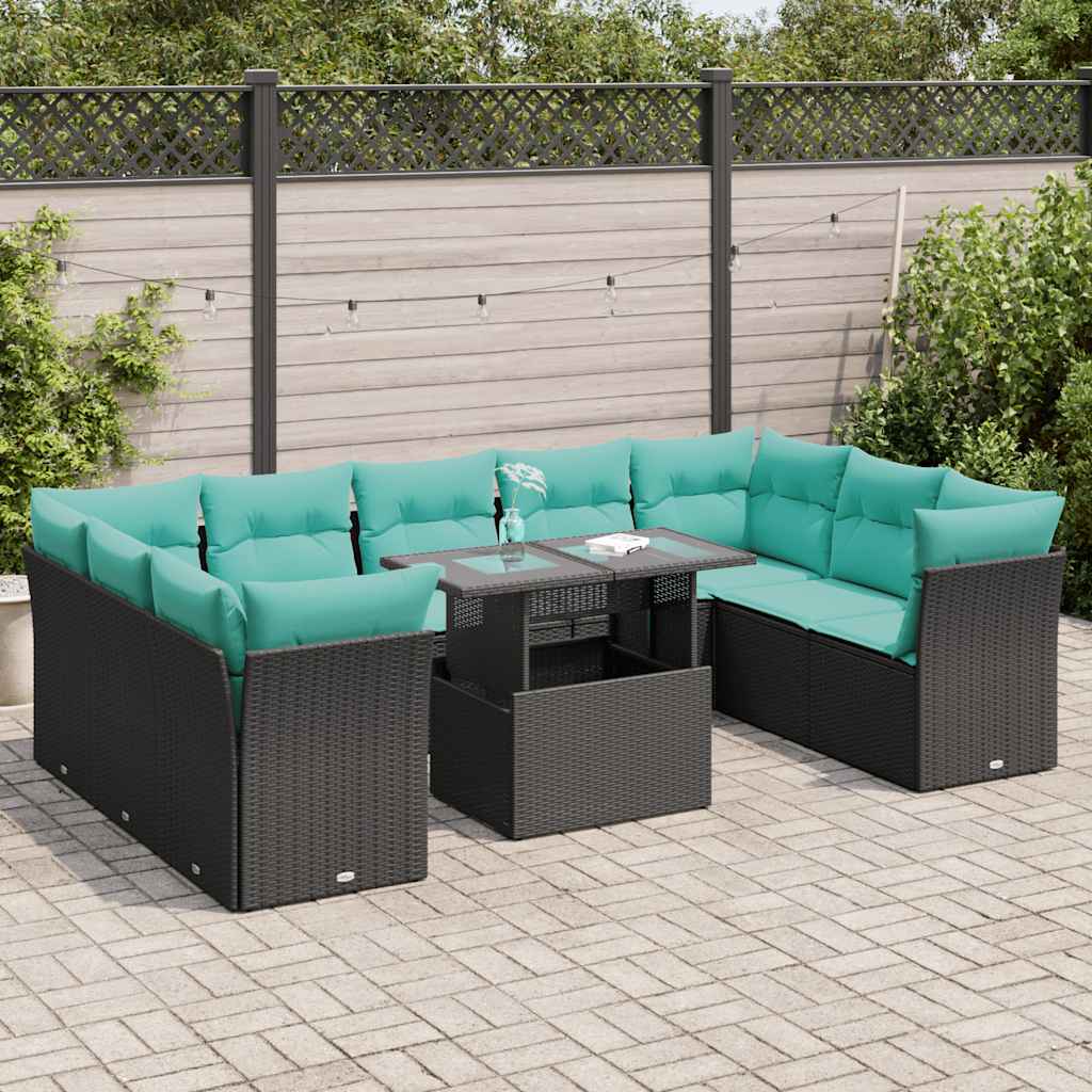 10-dijelni set vrtnih sofa poliratan i bagrem s jastucima crni