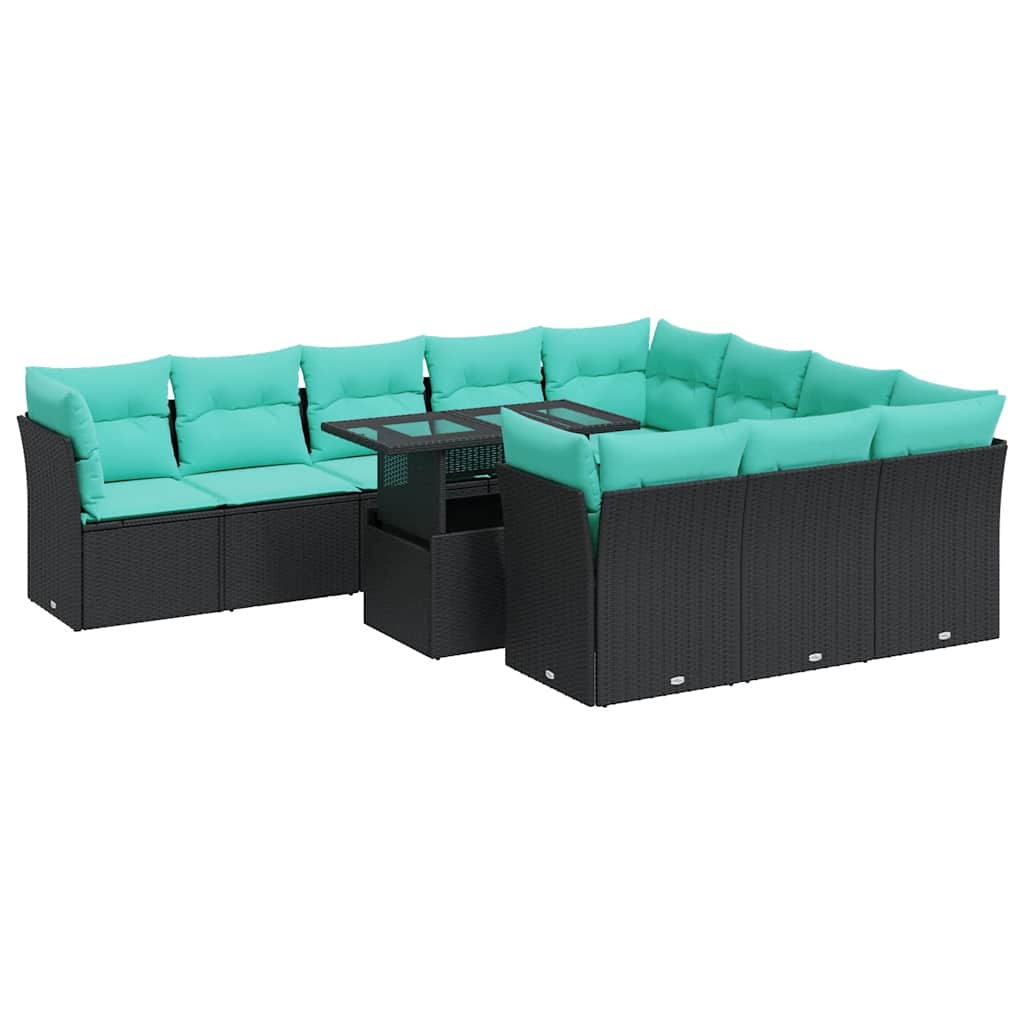 11-dijelni set vrtnih sofa poliratan i bagrem s jastucima crni