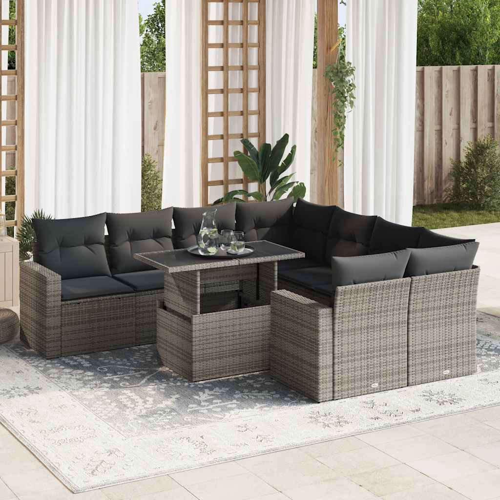 9-dijelni set vrtnih sofa od poliratana s jastucima sivi