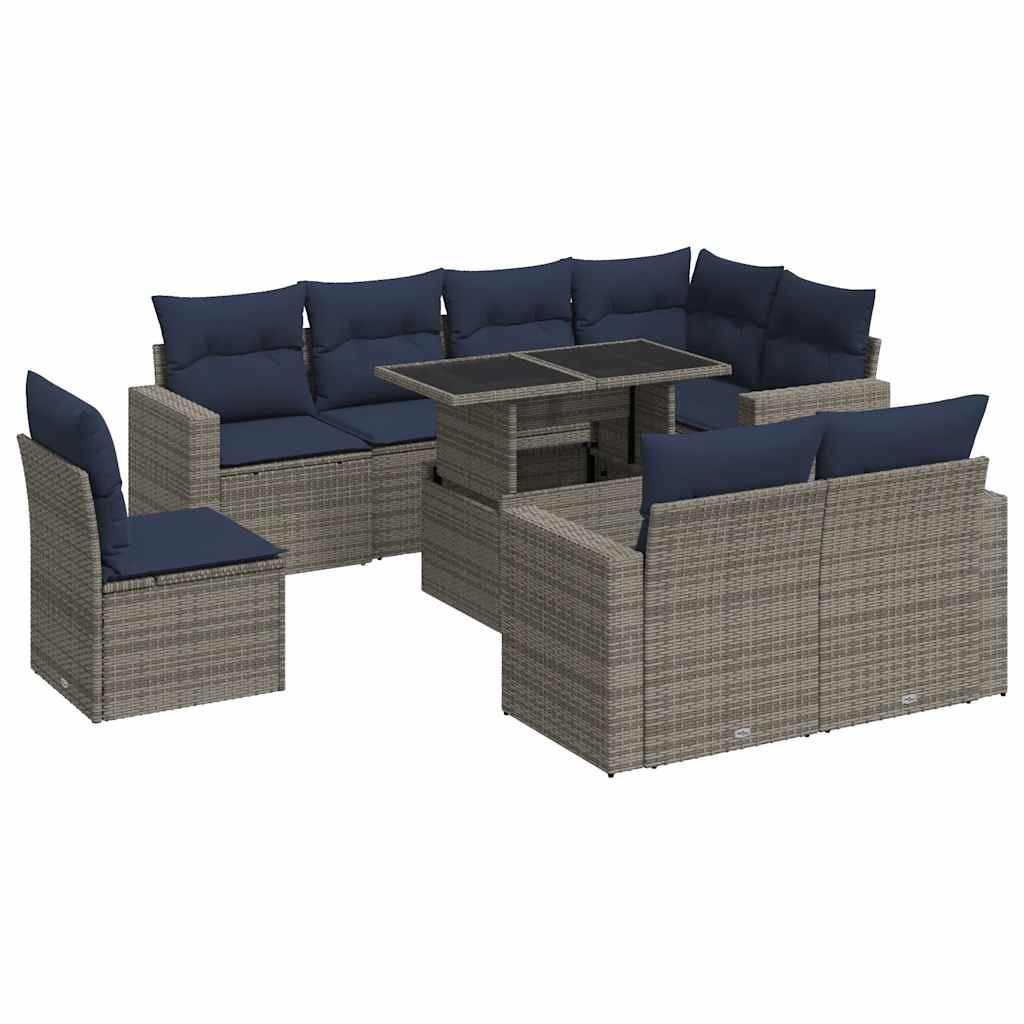 9-dijelni set vrtnih sofa poliratan i bagrem s jastucima sivi