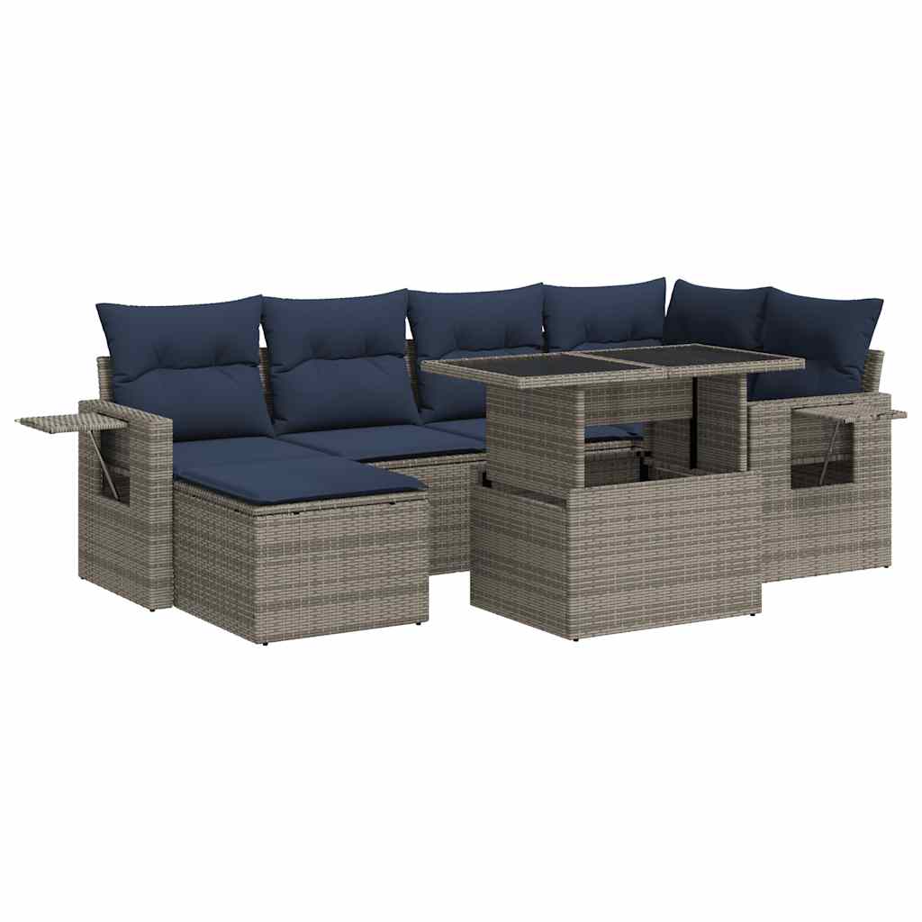7-dijelni set vrtnih sofa poliratan i bagrem s jastucima sivi