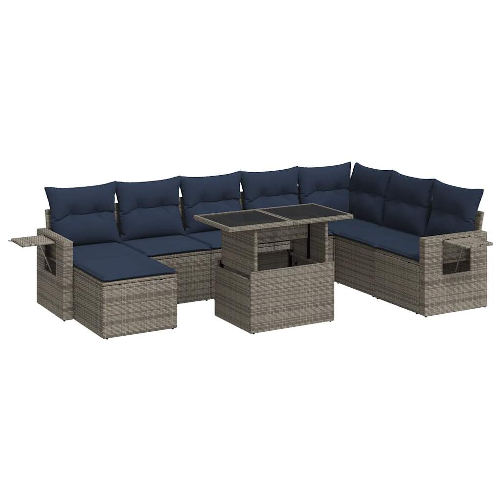 9-dijelni set vrtnih sofa poliratan i bagrem s jastucima sivi