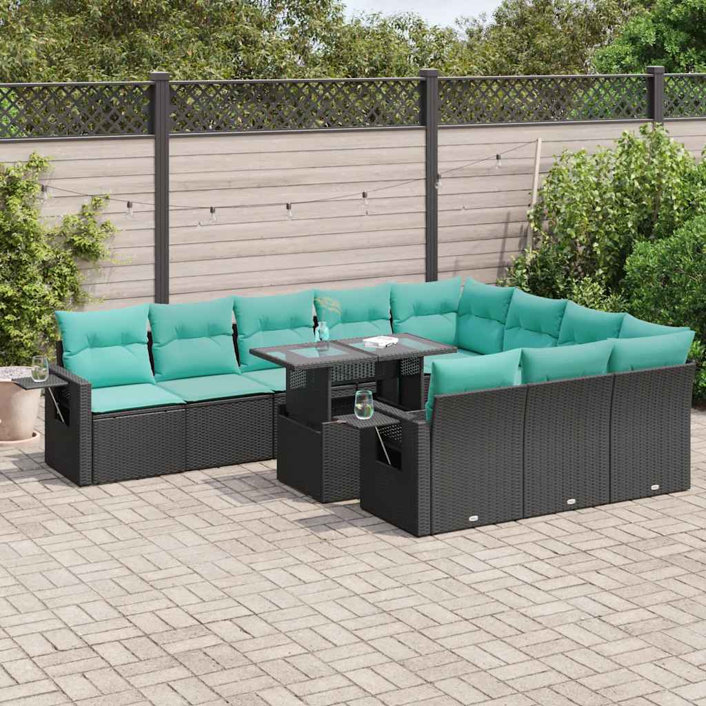 11-dijelni set vrtnih sofa poliratan i bagrem s jastucima crni