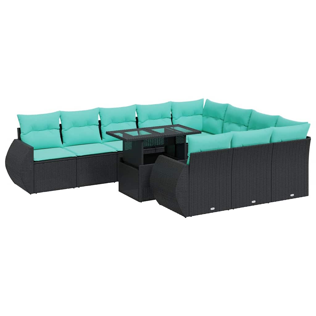 11-dijelni set vrtnih sofa poliratan i bagrem s jastucima crni