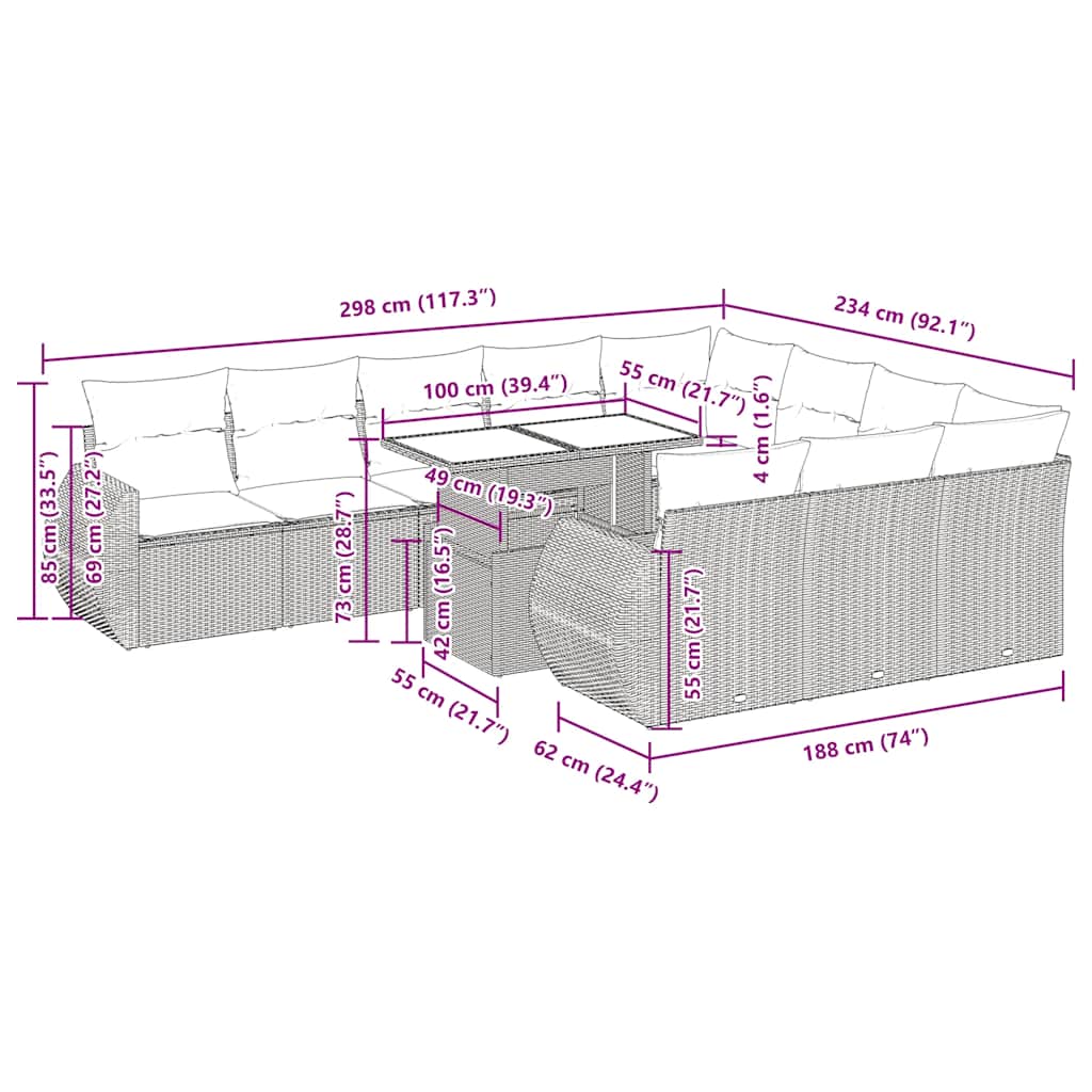11-dijelni set vrtnih sofa od poliratana s jastucima sivi