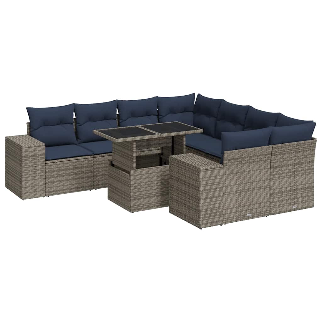 9-dijelni set vrtnih sofa poliratan i bagrem s jastucima sivi