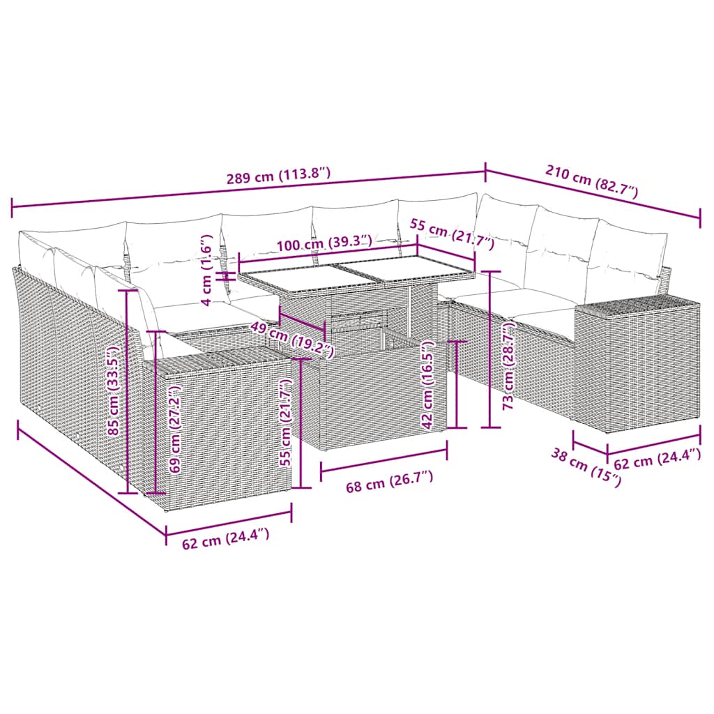 Vrtni set od 10 dijelova s jastucima, sivi poliratan, akacija
