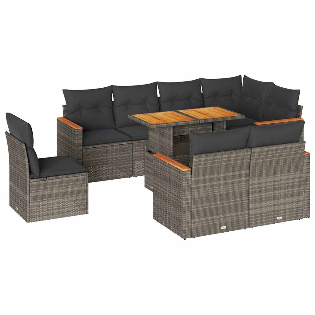 9-dijelni set vrtnih sofa poliratan i bagrem s jastucima sivi