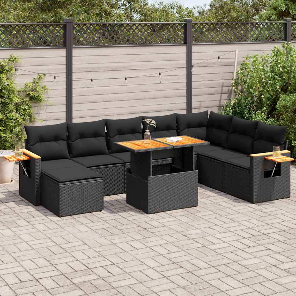 9-dijelni set vrtnih sofa s jastucima crni od poliratana bagrem
