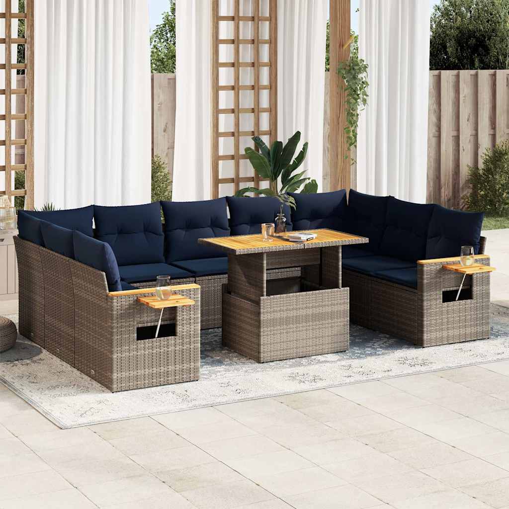 10-dijelni set vrtnih sofa poliratan i bagrem s jastucima sivi