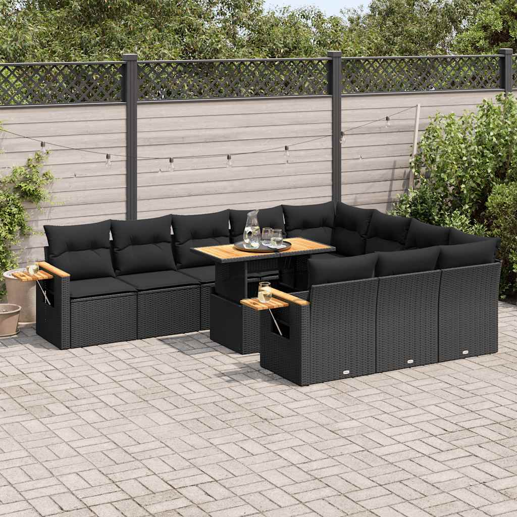11-dijelni set vrtnih sofa poliratan i bagrem s jastucima crni