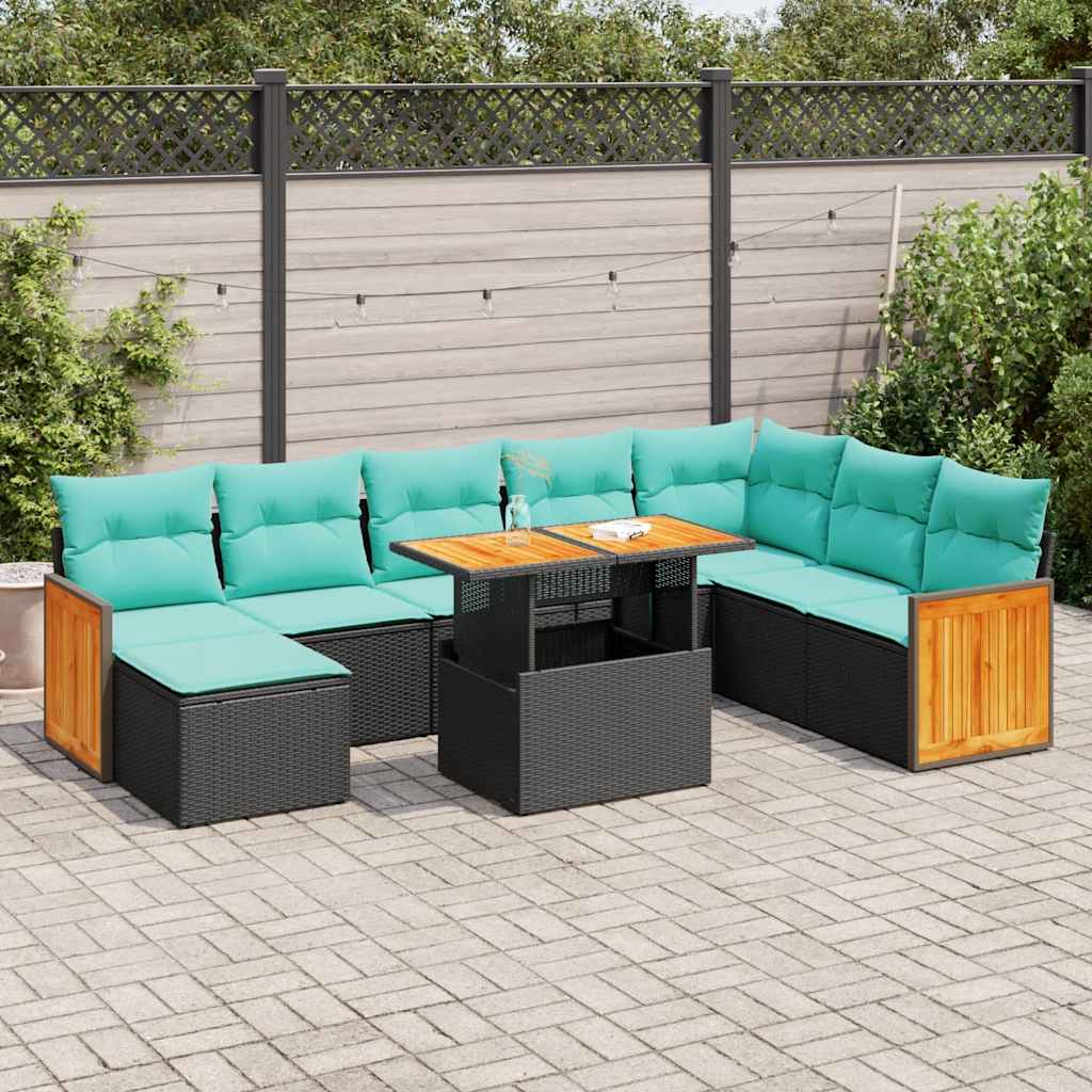 11-dijelni set vrtnih sofa poliratan i bagrem s jastucima crni