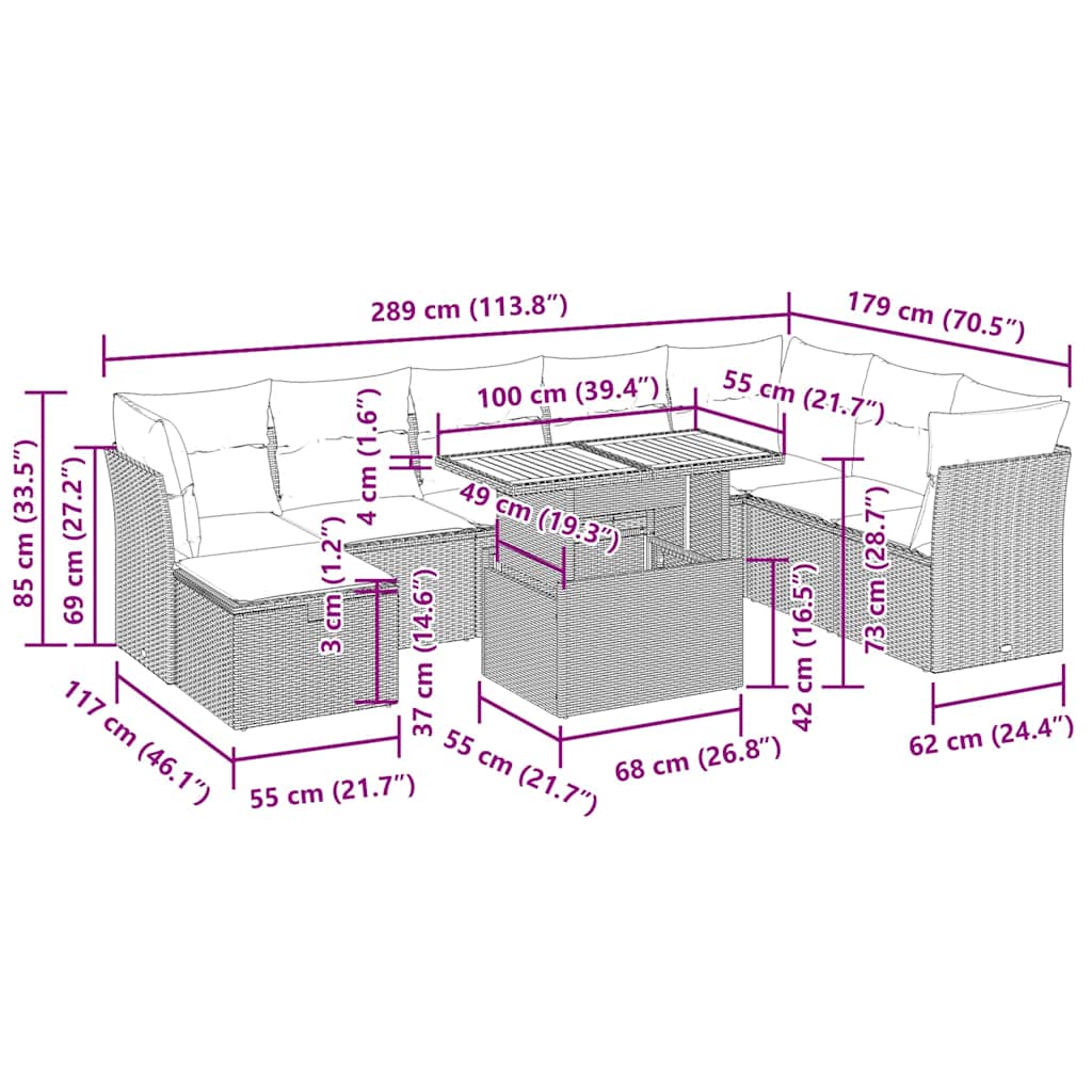 9-dijelni set vrtnih sofa s jastucima crni od poliratana bagrem