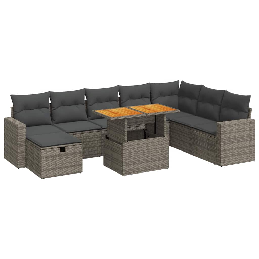 9-dijelni set vrtnih sofa poliratan i bagrem s jastucima sivi